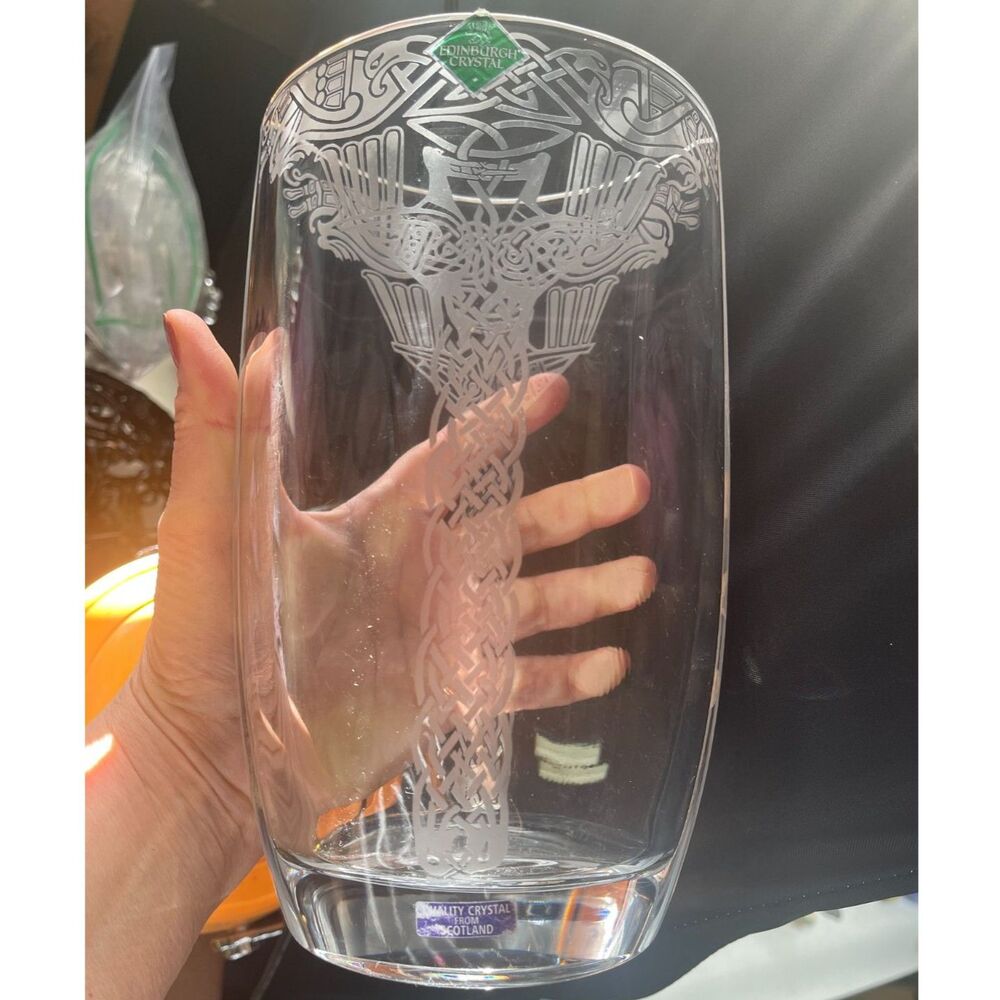 Edinburgh Crystal Celtic Wings Vase 9" Scotland Scottish Irish Vintage Design